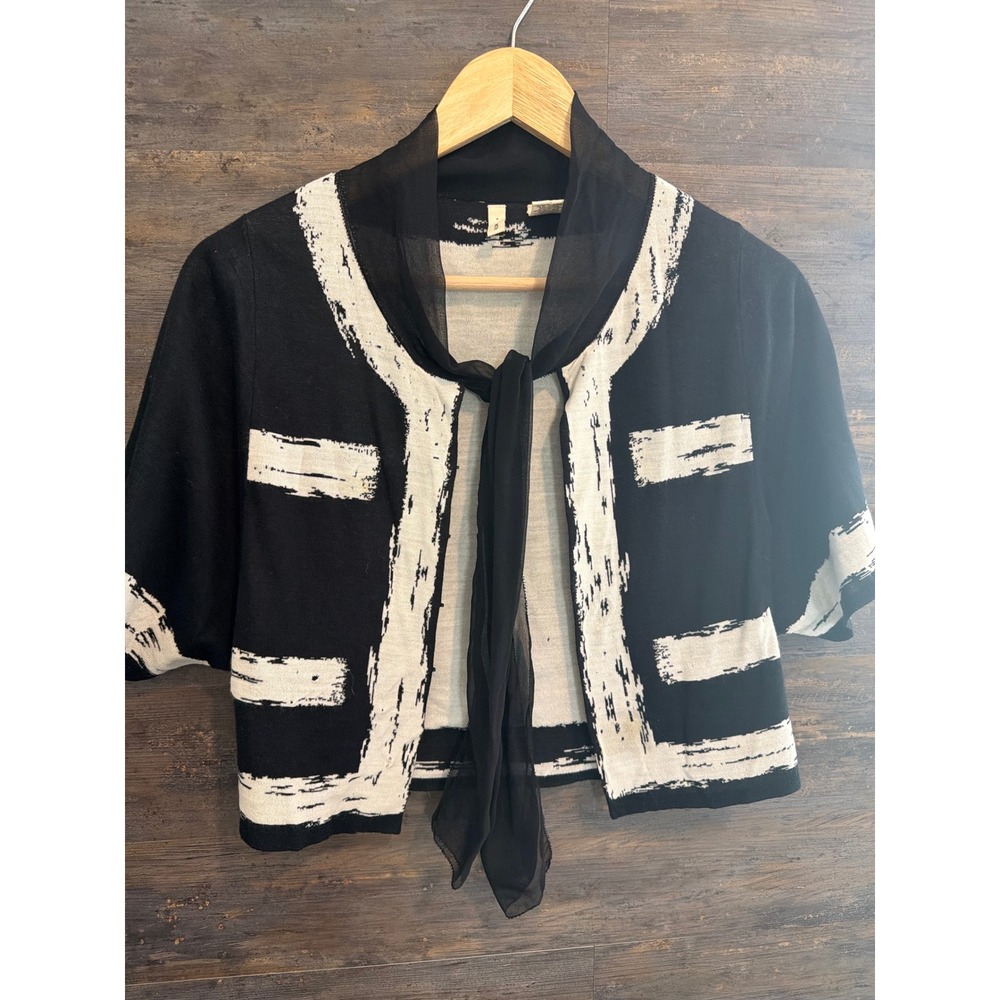 Moth Anthropologie Black White Brushstroke Scarf Tie Cropped Cardigan Sweater S